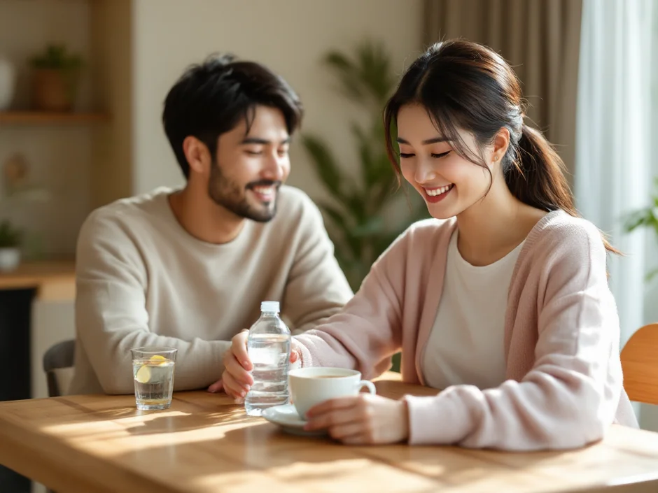 30代夫婦がダイニングでノンアルコール飲料を選んでいるシーン｜妊活中のお酒