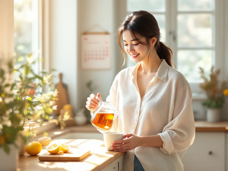 30代女性がキッチンでルイボスティーを淹れているシーン。カレンダーに丸印がついている｜排卵日とお酒