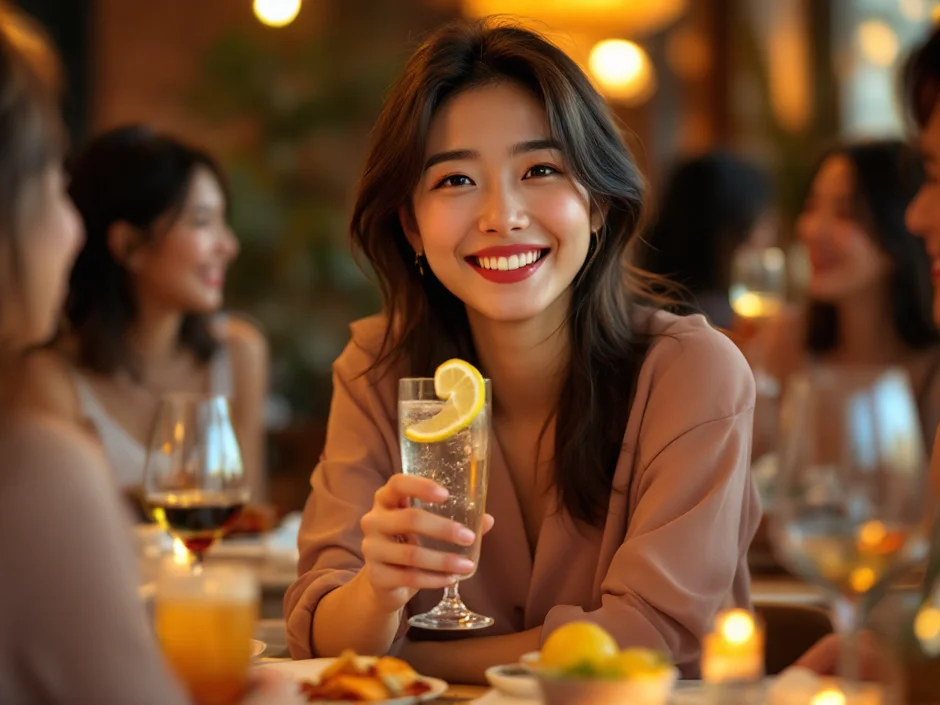 30代女性が友人との食事会で笑顔で炭酸水のグラスを持っているシーン｜妊活中の付き合い