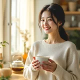 30代女性が明るいキッチンで温かいハーブティーの入ったマグカップを両手で持って微笑んでいるシーン｜妊活中の飲み物おすすめ