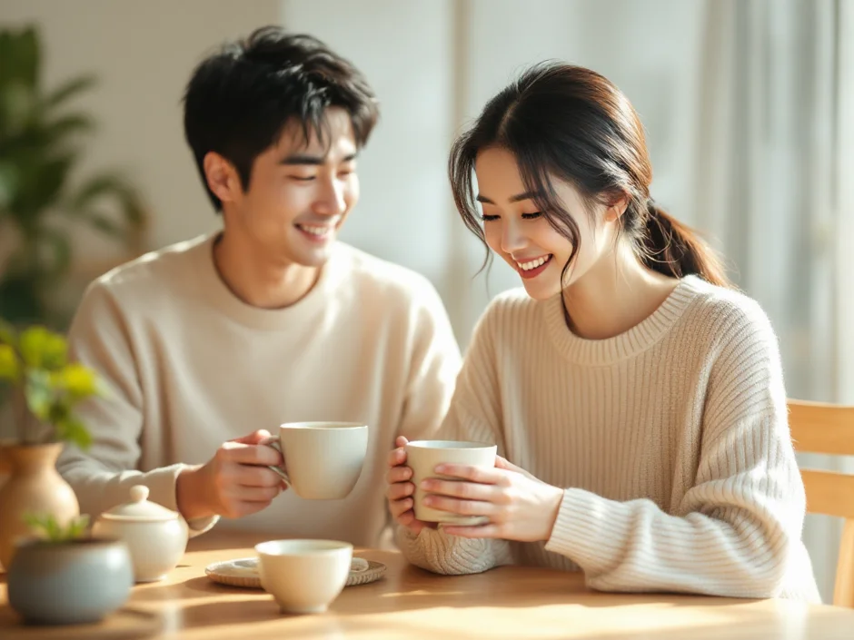 30代女性がコンビニの飲料棚でペットボトルのお茶を選んでいるシーン