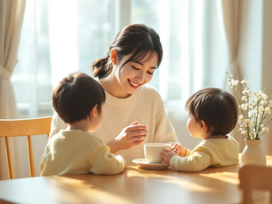 30代夫婦がダイニングで温かいお茶を向かい合って飲んでいるシーン