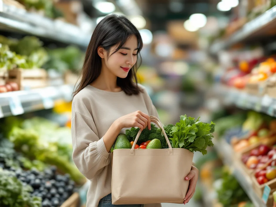 30代女性が明るいスーパーの野菜・果物コーナーで妊活食材をカゴに入れているシーン