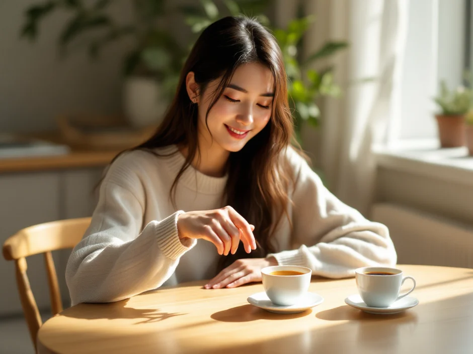 30代女性がコーヒーカップから温かいルイボス茶に手を伸ばしているシーン