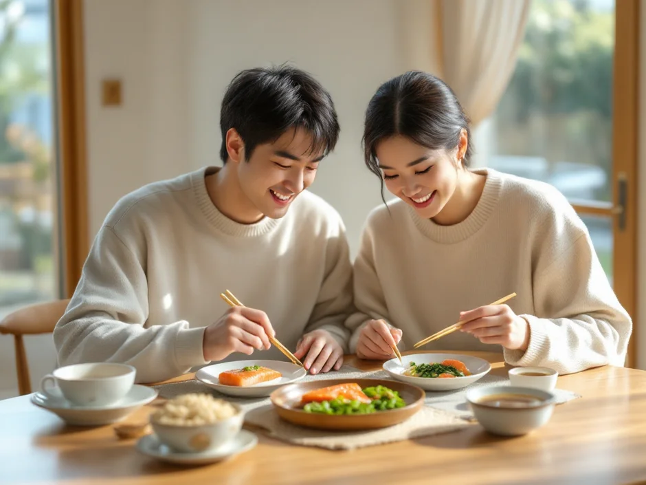 30代夫婦がダイニングで妊活向けの和食朝ごはんを並んで食べているシーン