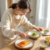 30代女性が朝の光の中で鮭・小松菜・納豆・味噌汁の妊活レシピを盛り付けているシーン