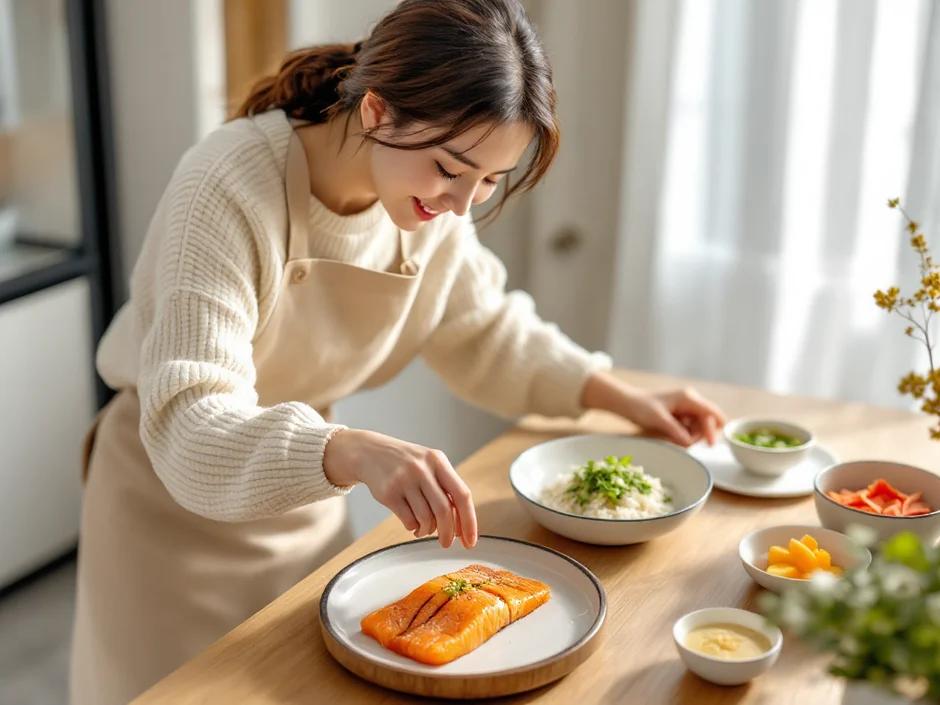 30代女性が朝の光の中で鮭・小松菜・納豆・味噌汁の妊活レシピを盛り付けているシーン