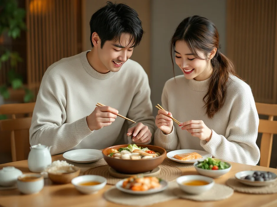 30代夫婦がダイニングで妊活レシピの夕食を一緒に食べているシーン