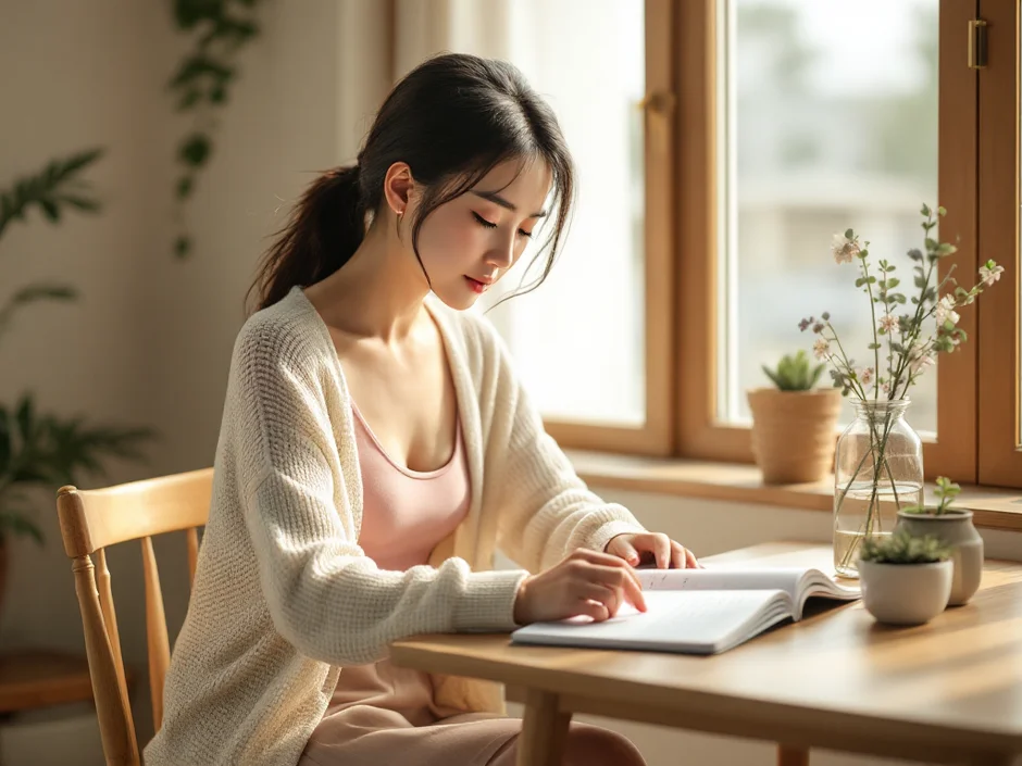 30代女性が手帳とカレンダーを見ながら次の妊娠タイミングを確認するシーン｜女の子の産み分けを考える経産婦のイメージ