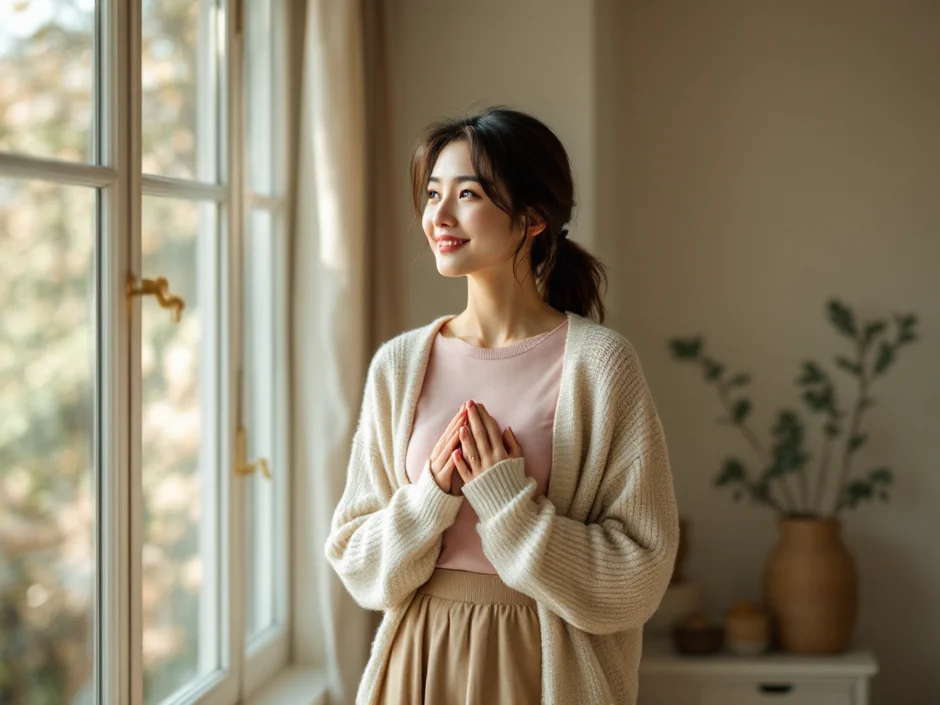 30代女性が窓辺で柔らかな朝の光を浴びるシーン｜女の子の産み分けでピンクゼリーを検討する経産婦のイメージ