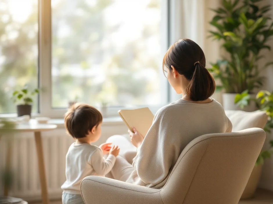 30代女性が窓辺で本を読みながら女の子の産み分けについて考えるシーン｜希望ある光の中で自分を労る経産婦のイメージ