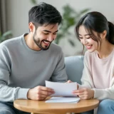 30代夫婦が穏やかな光のリビングで治療パンフレットを前に話し合うシーン｜顕微授精の選択と夫婦の合意形成