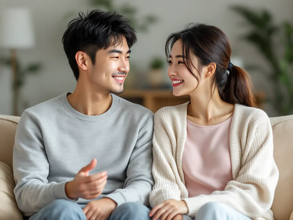 30代夫婦がリビングのソファに並んで座り穏やかに話し合うシーン｜治療の選択を二人で前向きに考える夫婦の合意形成