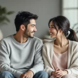 30代夫婦がリビングで穏やかに向き合い不妊の原因を一緒に考え始めるシーン｜女性6つ男性3つの原因を夫婦で見直す入口