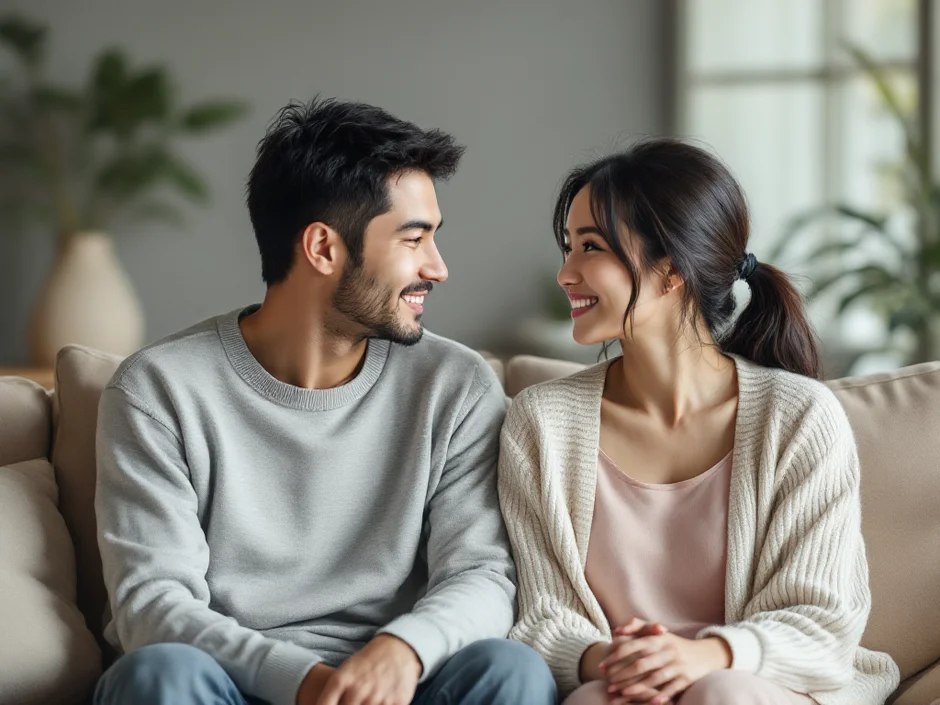30代夫婦がリビングで穏やかに向き合い不妊の原因を一緒に考え始めるシーン｜女性6つ男性3つの原因を夫婦で見直す入口