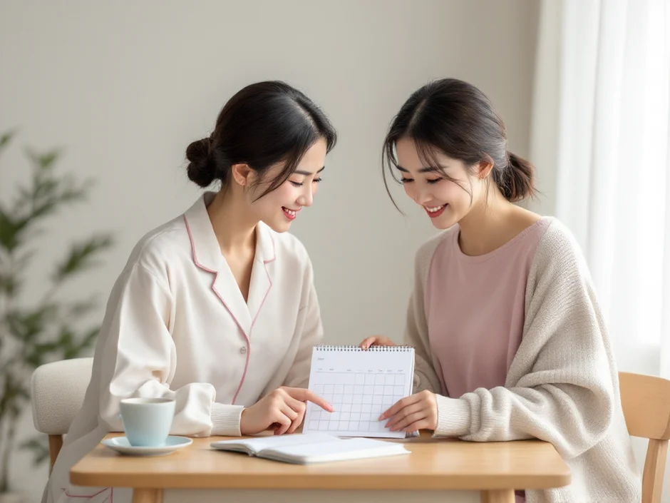 30代の女性看護師が30代の女性患者にカレンダーで検査スケジュールを優しく説明しているシーン|不妊検査の流れと周期に合わせた検査計画