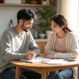 30代後半の夫婦が家計簿・電卓・クリニック料金表を前に落ち着いた表情で不妊治療費用を話し合っているシーン