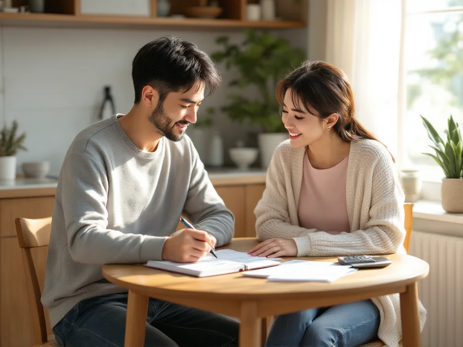 30代後半の夫婦が家計簿・電卓・クリニック料金表を前に落ち着いた表情で不妊治療費用を話し合っているシーン