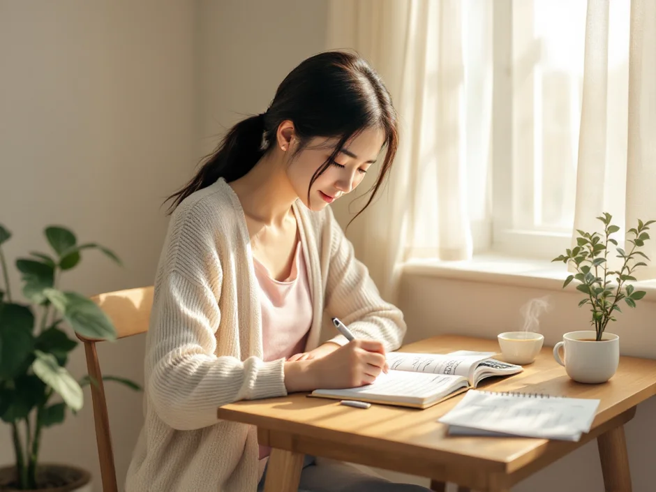 30代女性が穏やかな光の中でノートに金額を書き込みながら不妊治療の家計シミュレーションを考えているシーン
