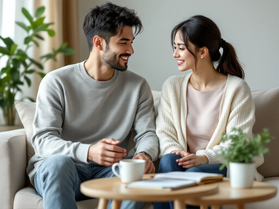 30代夫婦がリビングのソファで穏やかに不妊治療費用の認識を合わせながら話し合っているシーン