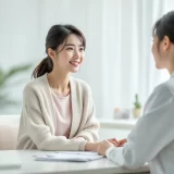 30代後半の女性がクリニックの診察室で女性医師と落ち着いた表情で体外受精について相談しているシーン