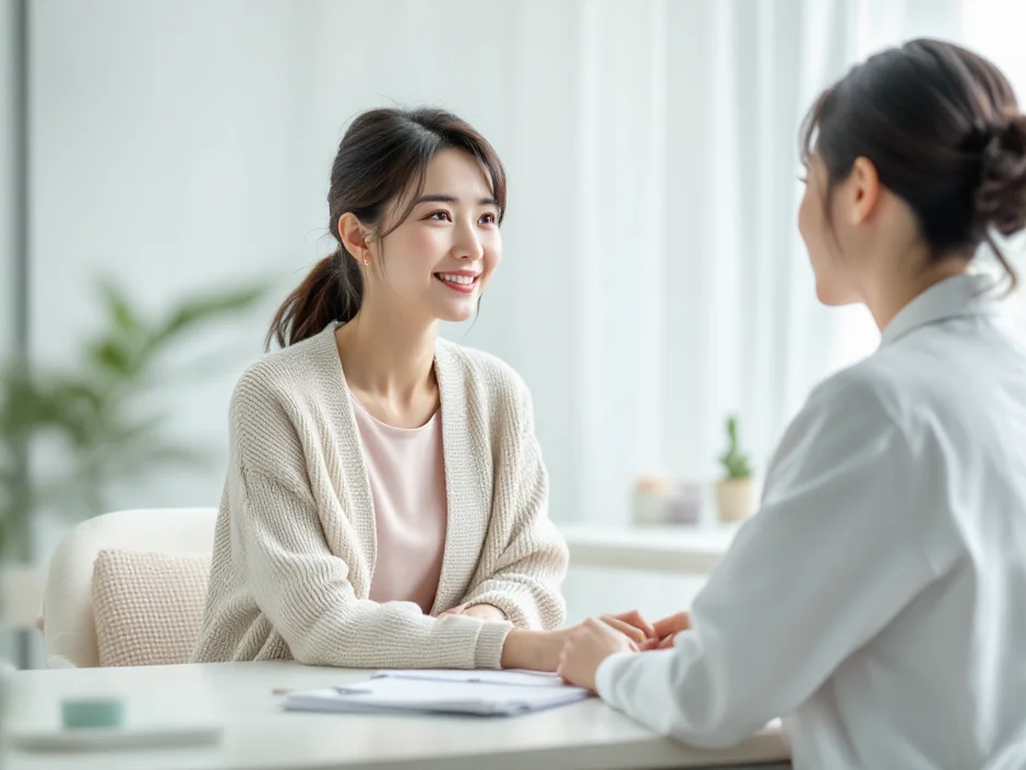 30代後半の女性がクリニックの診察室で女性医師と落ち着いた表情で体外受精について相談しているシーン