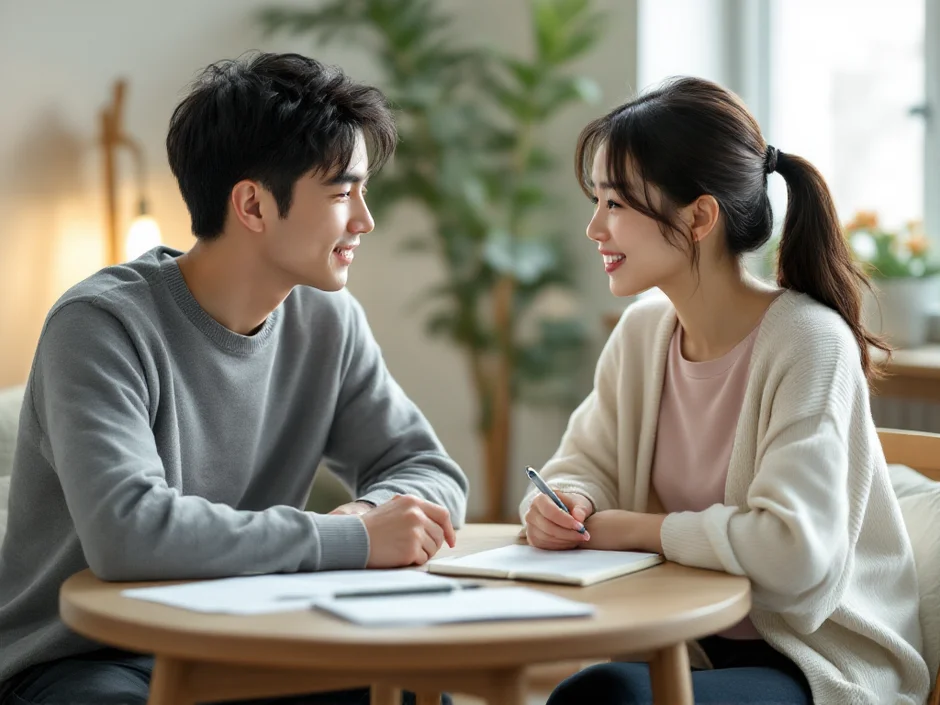 30代夫婦がリビングのテーブルでノートを広げて体外受精について穏やかに話し合っているシーン