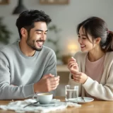 30代夫婦が朝食テーブルで夫婦サプリを並べて穏やかに飲んでいるシーン｜妊活サプリを夫婦で並走する温かい朝の風景