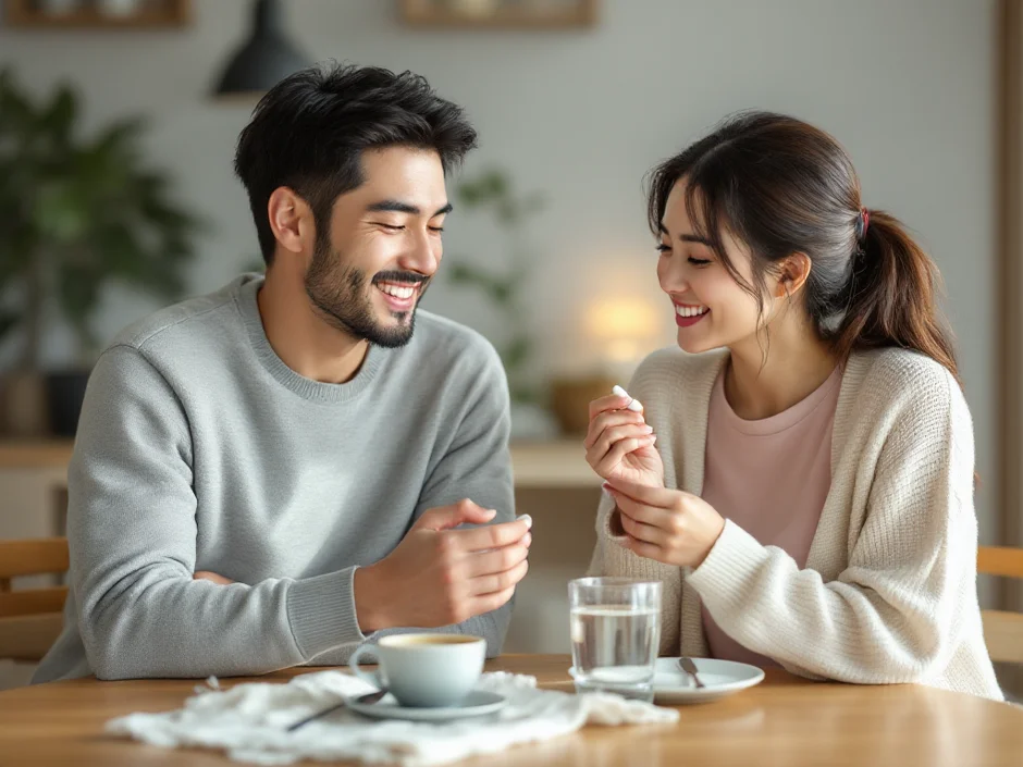 30代夫婦が朝食テーブルで夫婦サプリを並べて穏やかに飲んでいるシーン｜妊活サプリを夫婦で並走する温かい朝の風景