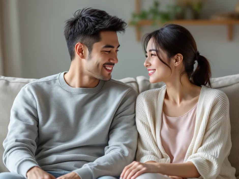 30代夫婦がリビングで穏やかに話し合い、夫婦でサプリ習慣を共有しているシーン｜夫婦で続ける妊活サプリのコツ