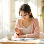 30代女性が排卵検査薬を手に持ちカレンダーを見つめるシーン｜排卵検査薬の使い方ガイド