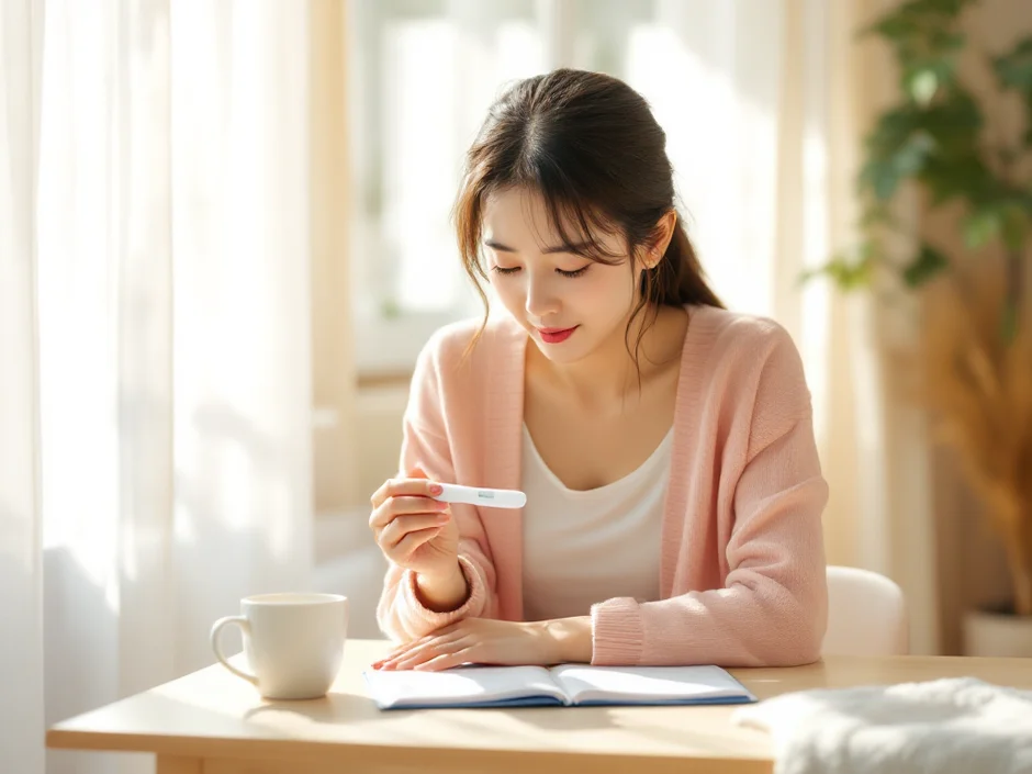 30代女性が排卵検査薬を手に持ちカレンダーを見つめるシーン｜排卵検査薬の使い方ガイド