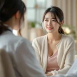 30代女性が産婦人科の診察室で医師の説明を真剣に聞いているシーン｜PGT-A 着床前診断の事前説明・遺伝カウンセリング