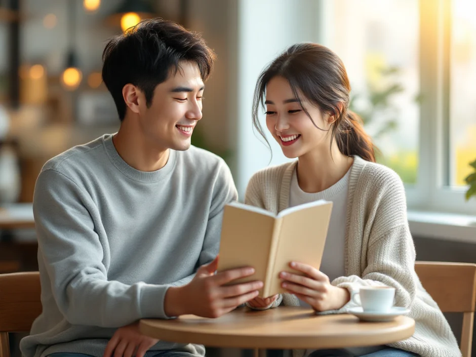 30代夫婦がカフェのテーブルでパンフレットを開きながら穏やかに話し合うシーン|PGT-A を受けるかどうかの夫婦の対話と合意形成