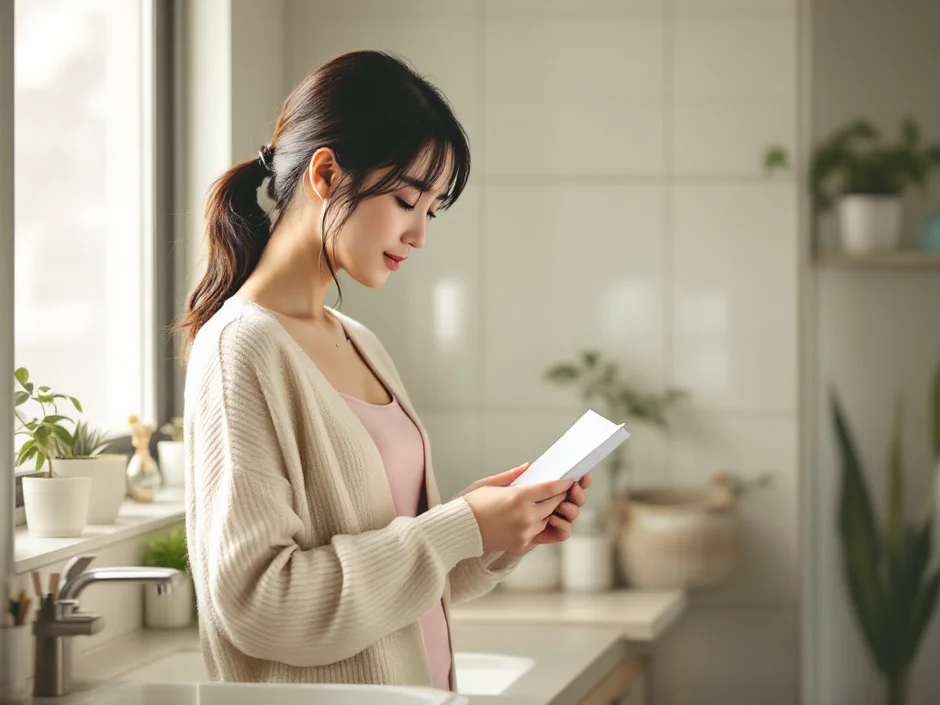 添付文書を確認しながら妊娠検査薬を使おうとする30代女性のイメージ