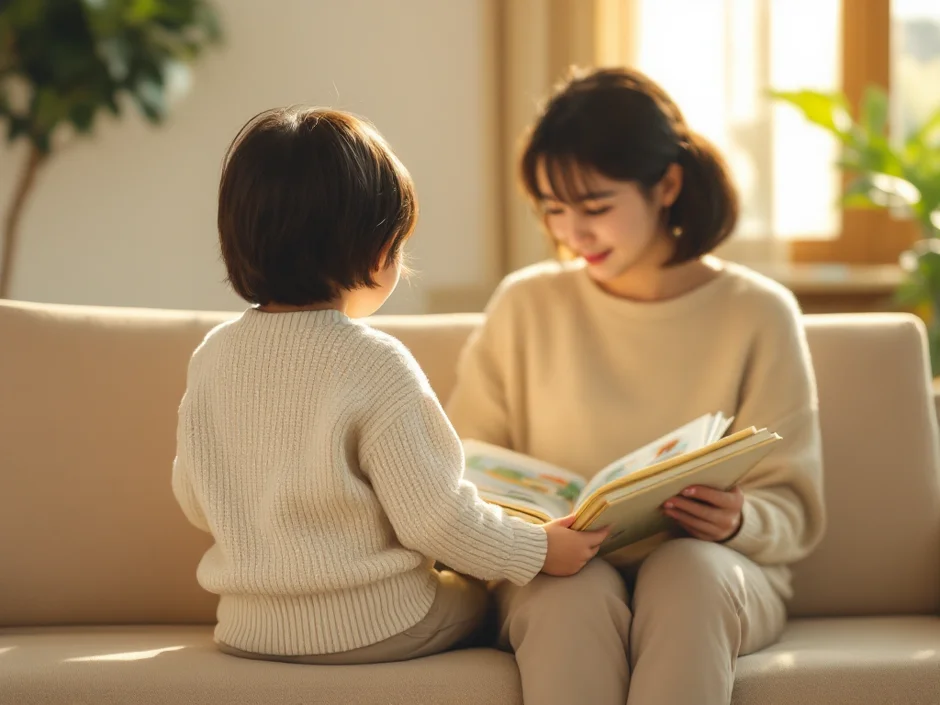 30代女性と上の子（幼児・後ろ姿）が婦人科の待合室で絵本を読んでいるシーン｜二人目不妊治療の通院と上の子の現実
