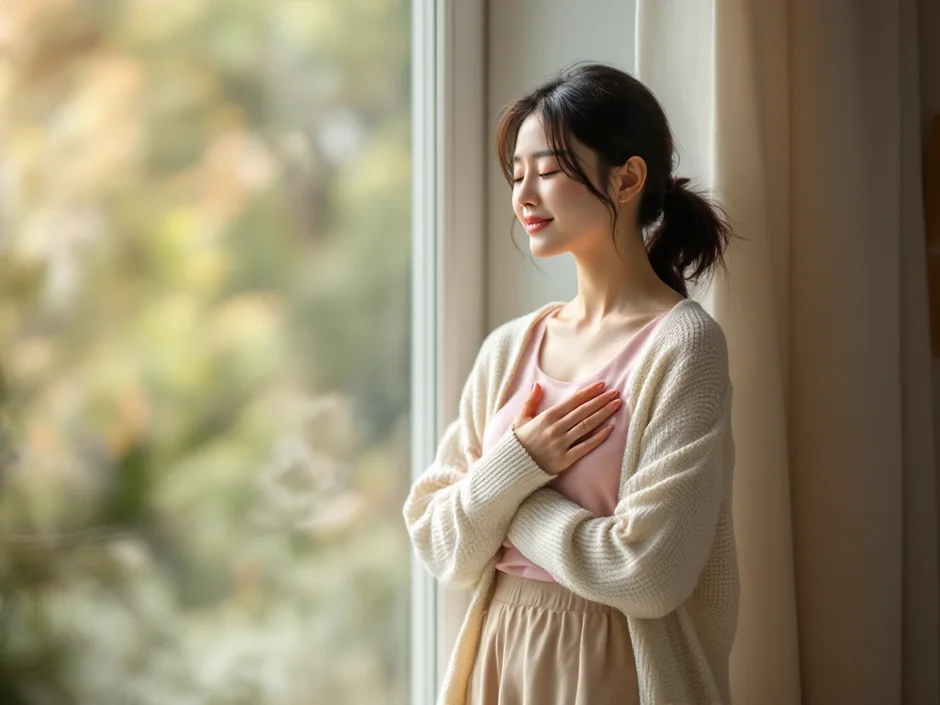30代女性が窓辺で深呼吸し心を整えるシーン｜二人目不妊で『うざい』『羨ましい』と感じる気持ちと向き合う心理ケア