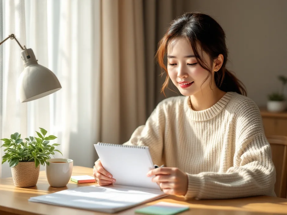 30代女性が朝のやさしい光の中で基礎体温計とカレンダーを前に妊活を考えているシーン
