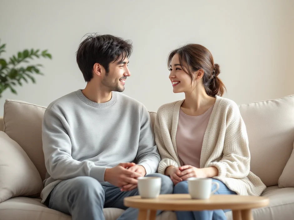 30代の夫婦がリビングで穏やかにタイミング法について会話しているシーン