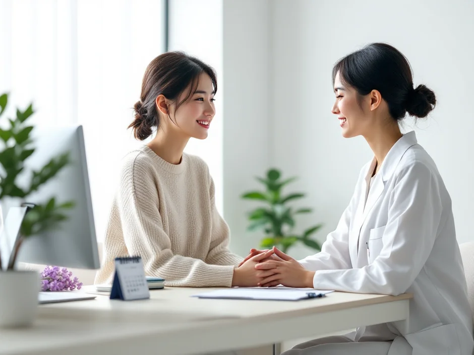 クリニックの診察室で30代女性が女性医師にタイミング法について相談しているシーン