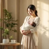 30代女性が赤ちゃんを抱きながらリビングの窓辺で穏やかな表情をしているシーン｜年子はいつから子作りできる？