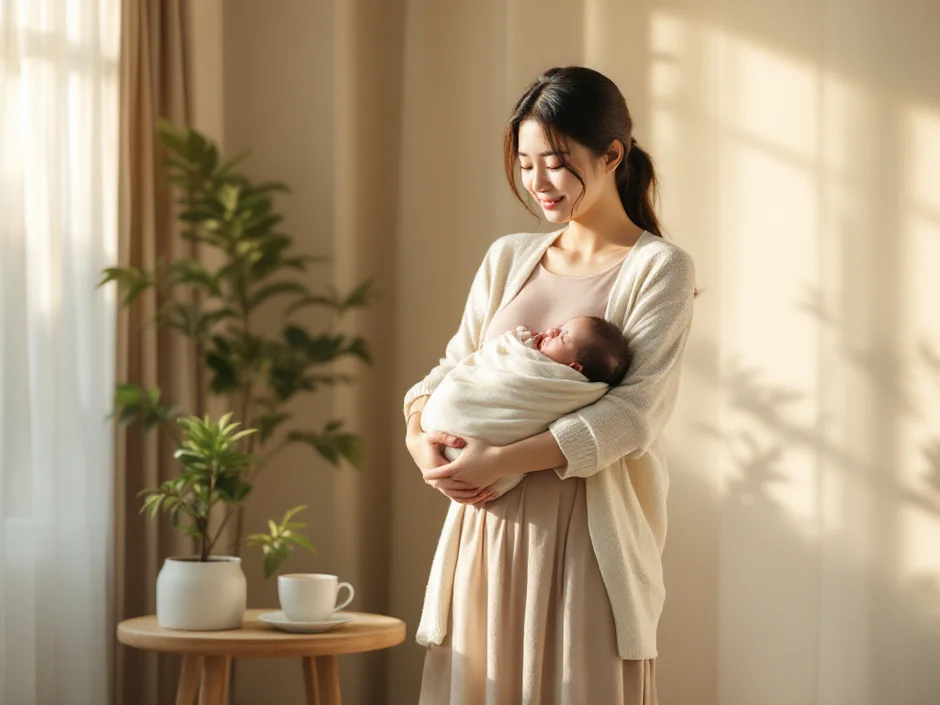 30代女性が赤ちゃんを抱きながらリビングの窓辺で穏やかな表情をしているシーン｜年子はいつから子作りできる？