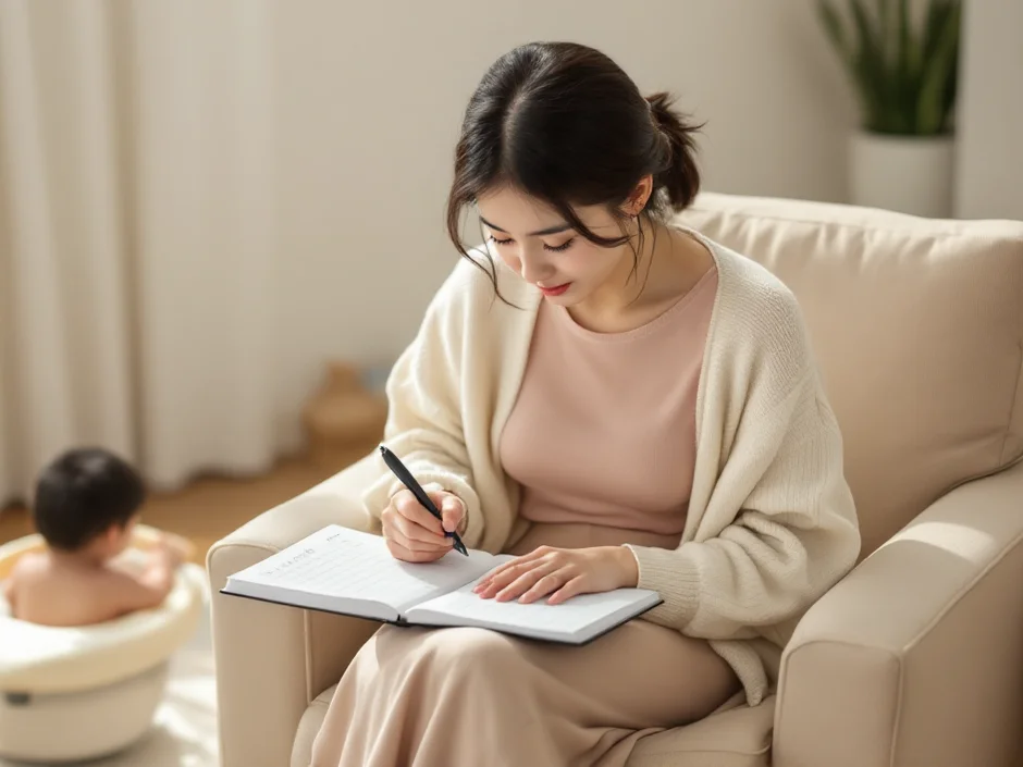 30代女性がソファで赤ちゃんを膝に乗せながらカレンダーに目を通しているシーン
