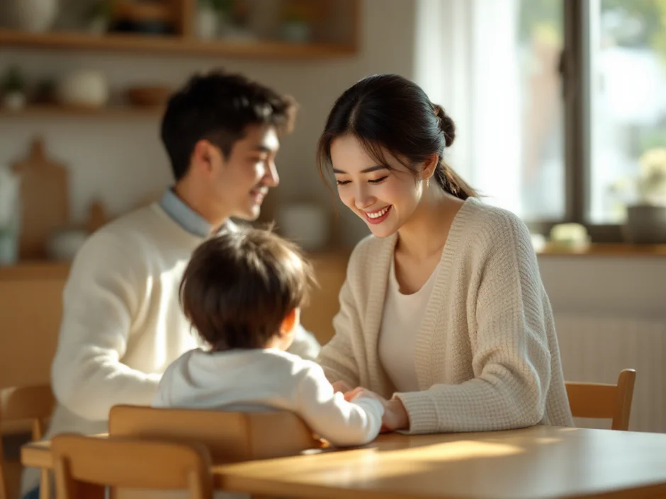 30代夫婦がダイニングで1歳前後の子どもと一緒に食事をしている温かなシーン