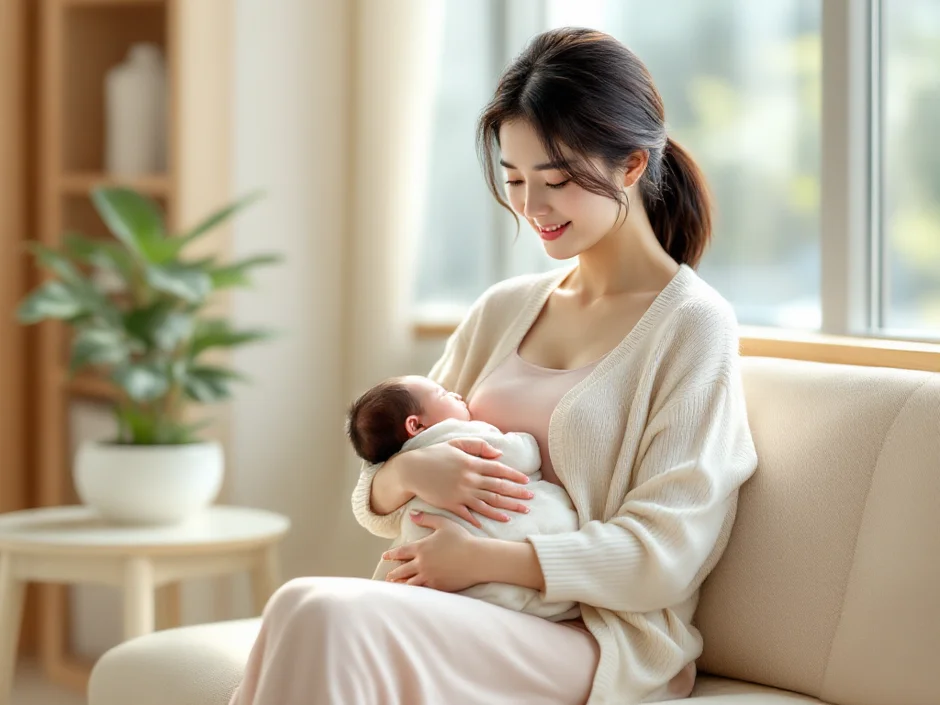 30代女性が産婦人科の待合室で赤ちゃんを抱いて穏やかに待っているシーン