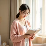 30代女性がリビングの窓辺で手帳を穏やかに見つめているシーン｜妊活期間の平均と年齢別の目安