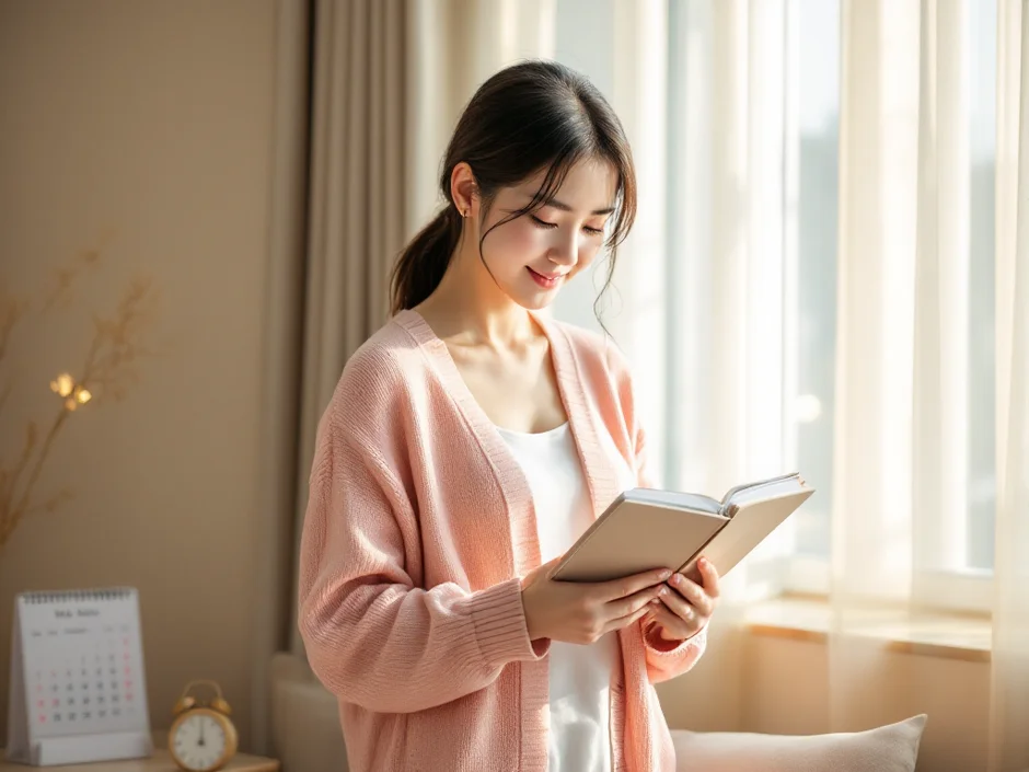 30代女性がリビングの窓辺で手帳を穏やかに見つめているシーン｜妊活期間の平均と年齢別の目安