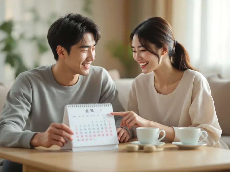 30代夫婦がリビングでカレンダーを一緒に確認しているシーン｜年齢別の妊活期間の目安