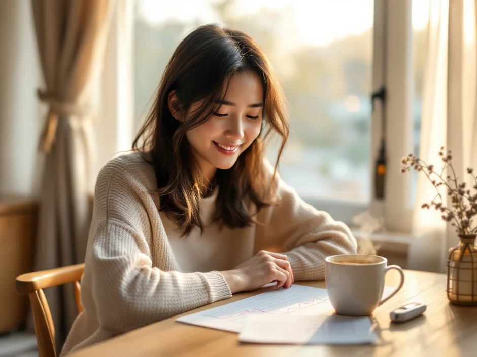 30代女性が朝のダイニングで基礎体温表を見ながら微笑んでいるシーン｜ちなみの妊活体験談