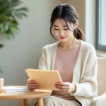 30代女性が穏やかな相談室の窓辺の椅子に座り、夫の精索静脈瘤の検査結果について真剣な表情で考えているシーン｜精索静脈瘤と男性不妊・パートナー視点の妻